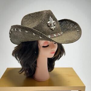 Peter Grimm Brown Straw Cowgirl Hat Rhinestones Cowboy Hat Fleur-de-lis Pin
